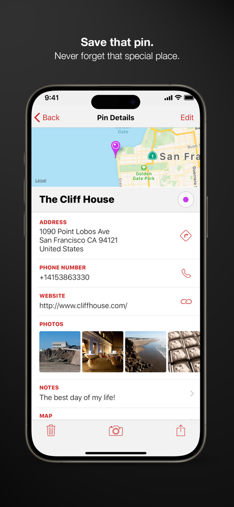Pinbox - Map Your World - Screenshot of the Pinbox app displaying detailed information for a saved location including map address photos and personal notes