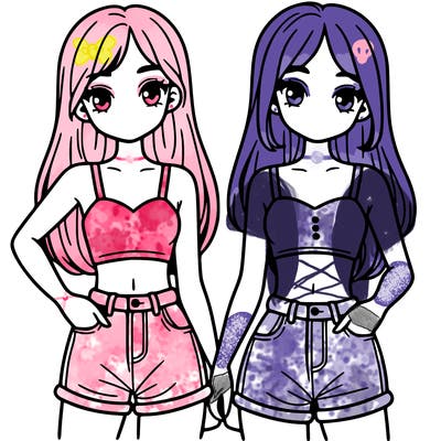 two sisters with crop tops and jean shorts and straight hair