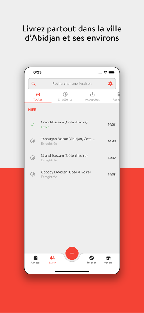 Marketo - Marketo mobile app interface showing delivery tracking and status in Abidjan