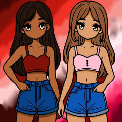two sisters with crop tops and jean shorts and straight hair