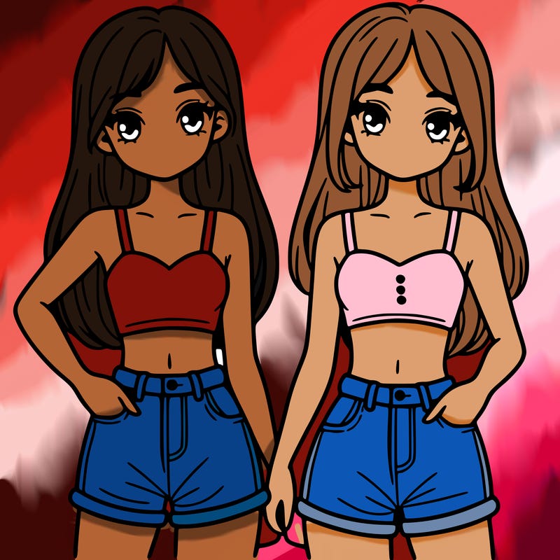two sisters with crop tops and jean shorts and straight hair