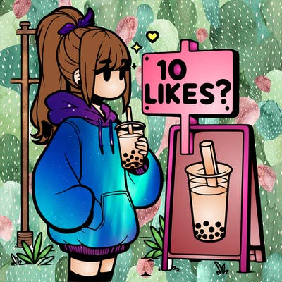 girl with oversized hoodie drinking boba and she has a high ponytail with a sign that says 10likes?