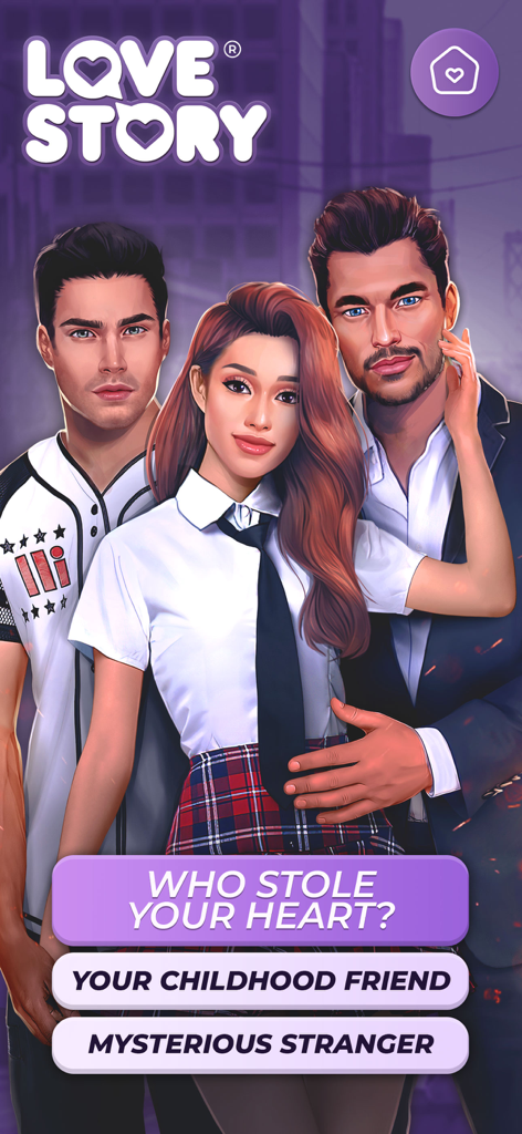Love Story® My Romance Fantasy - Una captura de pantalla del juego Love Story con un personaje femenino eligiendo entre un amigo de la infancia y un misterioso extraño.