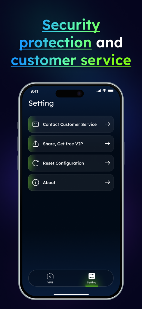 VPN - Shield VPN Proxy - Shield VPN app settings menu on an iPhone showing options for customer service and account configuration