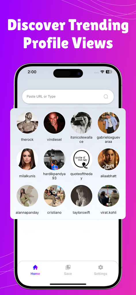 Amazing Profile Viewer - Interfaz de la aplicación Visor de Perfiles Increíble mostrando una cuadrícula de perfiles de celebridades populares y una barra de búsqueda para descubrir cuentas de redes sociales.