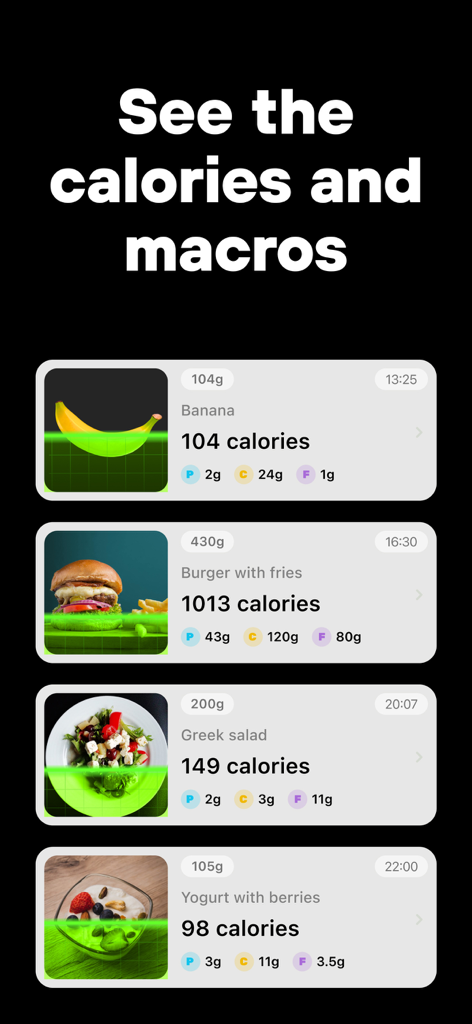 AI Calorie Tracker: SimpliFit - Interfaz de la aplicación móvil SimpliFit que muestra una lista de alimentos escaneados con desgloses de calorías y macronutrientes para un plátano, hamburguesa, ensalada y yogur.