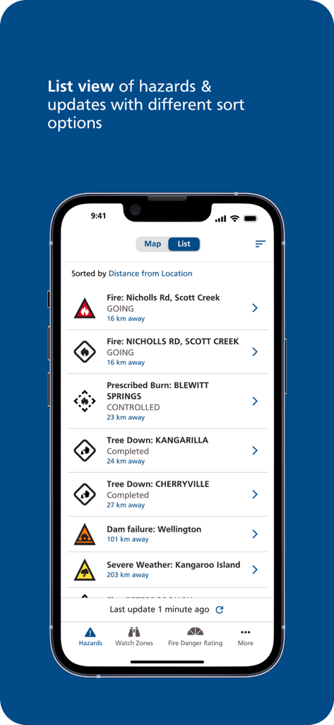 Alert SA - Alert SA app showing a list of emergency hazards like fires and severe weather sorted by distance from the user