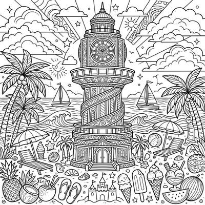 Embark on a sunny coloring adventure with this intricate design featuring a grand rotating sky tower overlooking a bustling summer beach. Fill the scene with bright hues, from tropical fruits to refreshing ice creams, and bring this lively coastal landscape to life.