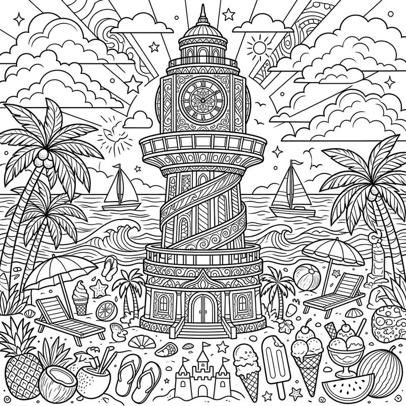 Embark on a sunny coloring adventure with this intricate design featuring a grand rotating sky tower overlooking a bustling summer beach. Fill the scene with bright hues, from tropical fruits to refreshing ice creams, and bring this lively coastal landscape to life.
