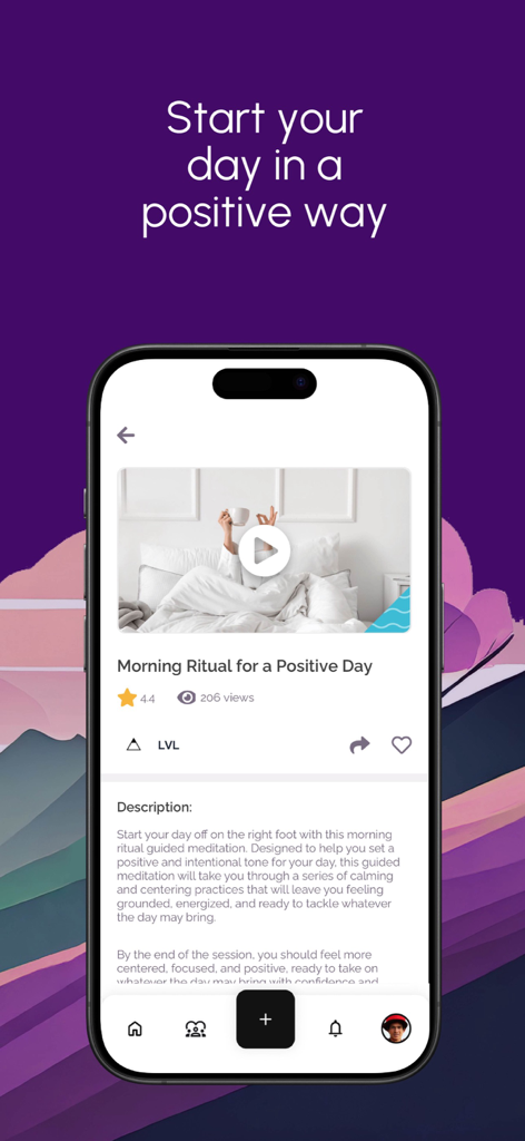 LVL Wellbeing - LVL Wellbeing app interface showing a morning ritual guided meditation session for starting the day positively