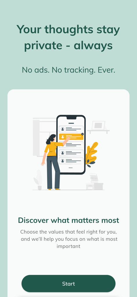 WorryTree: Anxiety Relief - WorryTree app onboarding screen with privacy message and values discovery