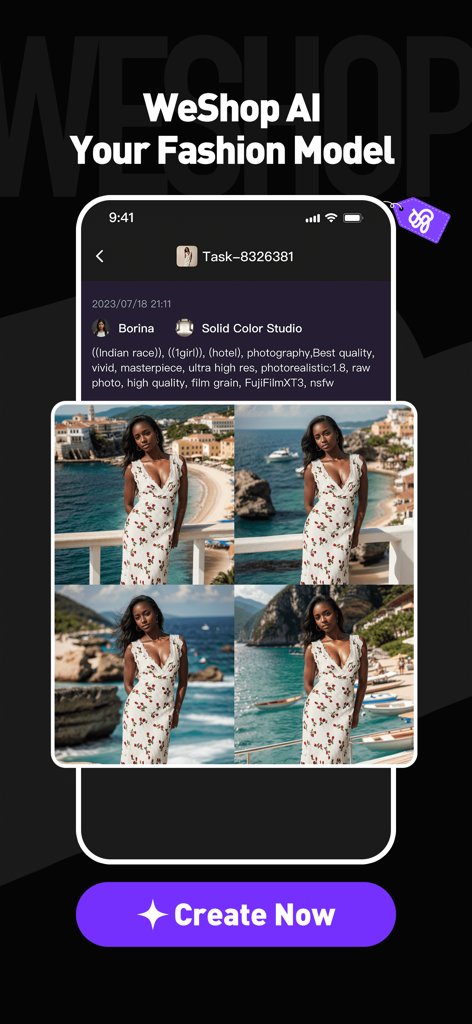 WeShop AI - Swap Face & BG - WeShop AI-Oberfläche mit KI-generierten Mode-Model-Fotos für E-Commerce-Marken
