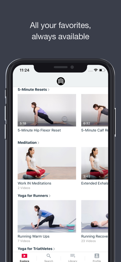 Athletes for Yoga - Athletes for Yoga app interface showing yoga and meditation video categories for runners and triathletes