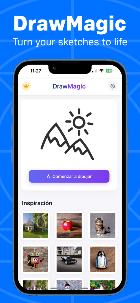 Interfaz de la aplicación DrawMagic AI mostrando un boceto de montaña y una galería de imágenes fotorrealistas generadas por IA