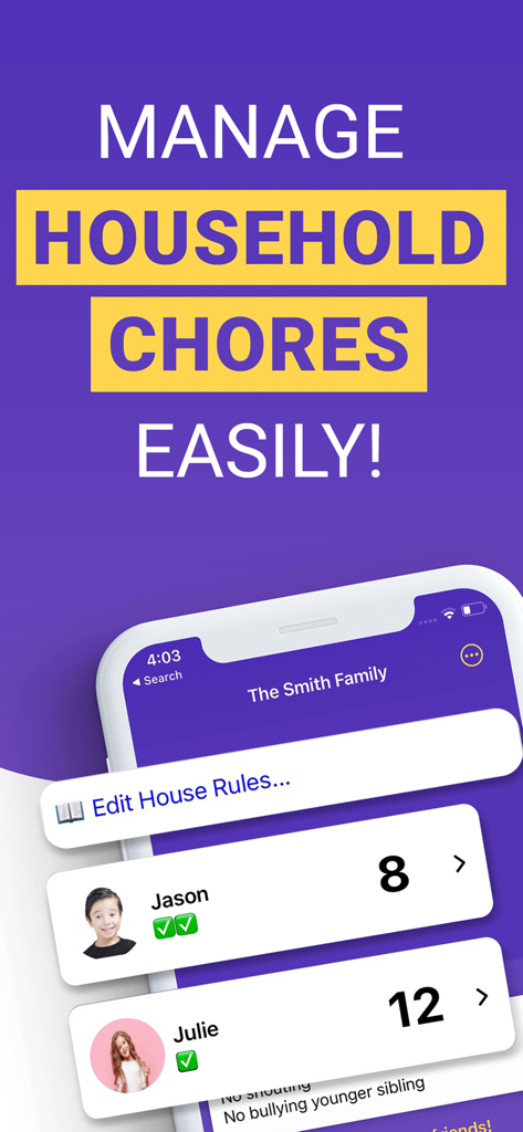Smartphone screen showing a family chore chart with points earned by children