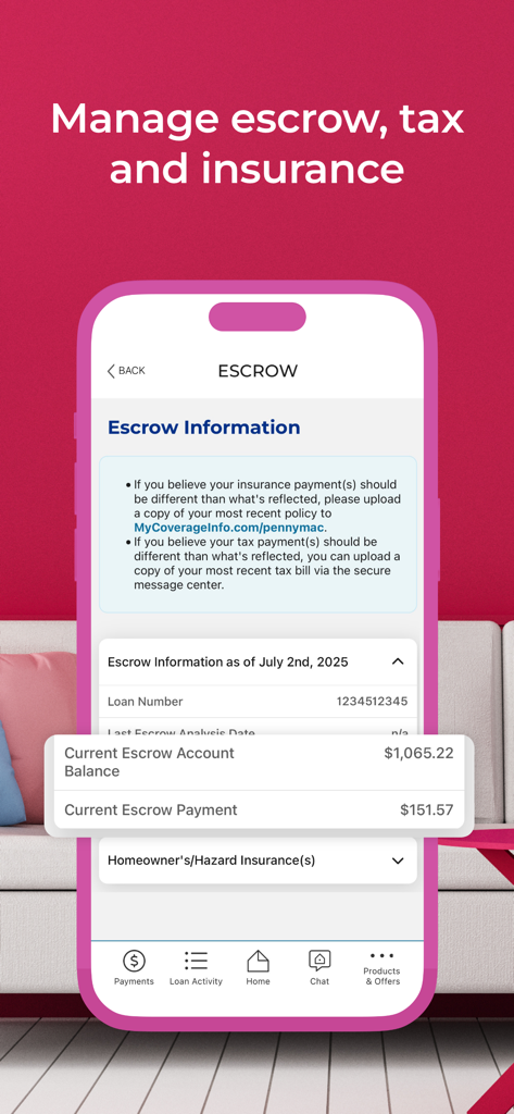 PENNYMAC MOBILE - Interfaz de la aplicación PennyMac Mobile que muestra el saldo de la cuenta de depósito en garantía y los detalles del seguro del propietario