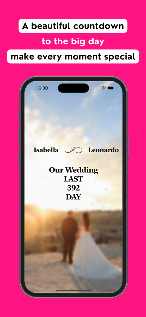 MeMarry: Wedding Planner - MeMarry app interface displaying a personalized wedding day countdown timer with a romantic background of a bride and groom.