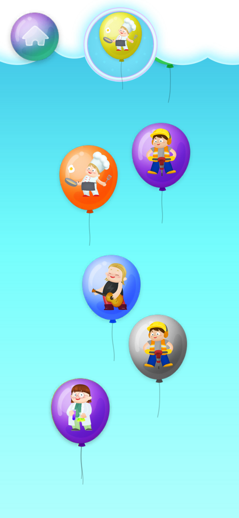 Balloons pop - Toys - Globos con diferentes personajes de profesiones como chef y científico flotando en un juego educativo para niños