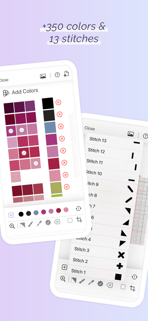 Cross Stitch Pattern Maker - Mobile app interface of Cross Stitch Pattern Maker showing a color selection palette and a list of various stitch types