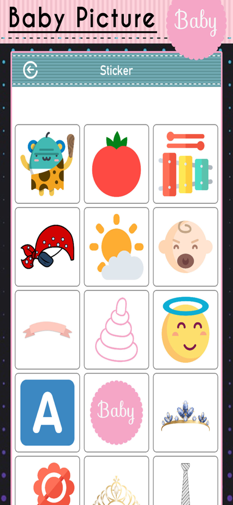 Baby Picture - Precious Moment - Interfaz que muestra una selección de adorables pegatinas como juguetes, sol y accesorios para decorar fotos de bebés