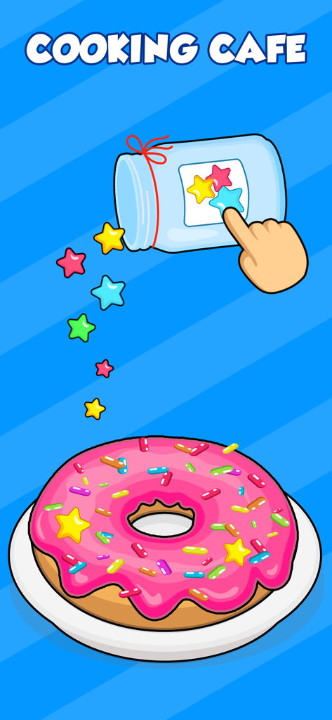 Cooking Cafe game screen in the Bebi app showing a hand decorating a pink donut with star sprinkles