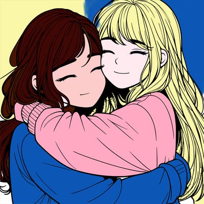realistic two girls hugging
