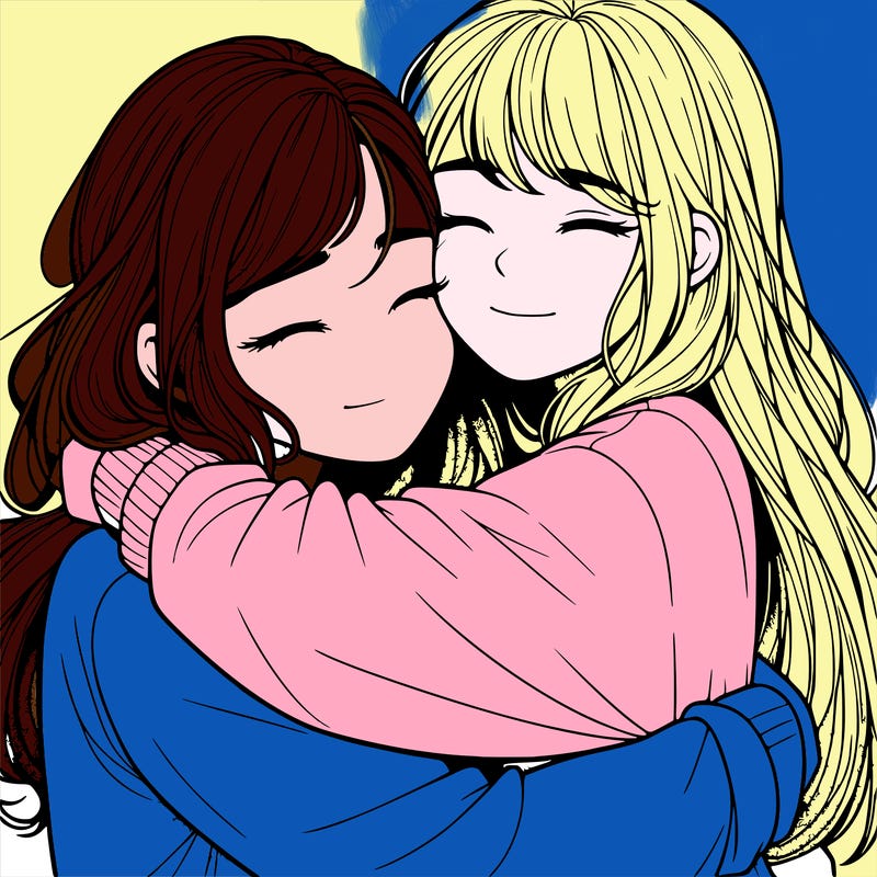 realistic two girls hugging