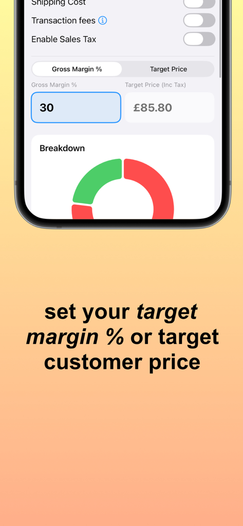 Interface of the Markup and Margin Profit Calc app showing target price calculation based on a thirty percent gross margin.