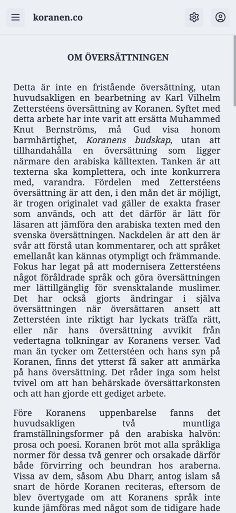 Koranen på svenska zamzam - Descripción textual de la metodología de traducción del Corán al sueco en la aplicación Koranen på svenska zamzam.