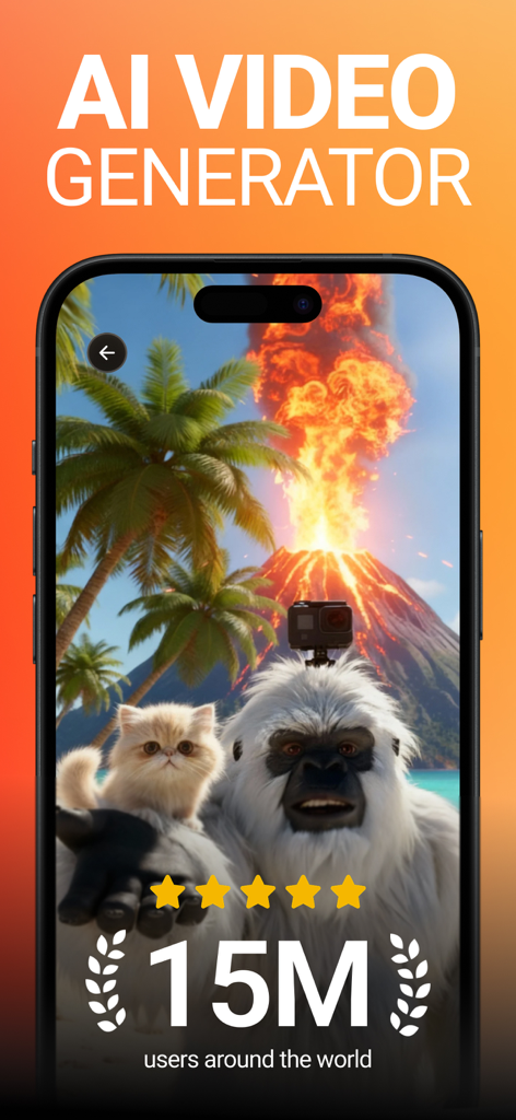 Flashloop: AI Video Generator - Flashloop AI Video Generator mobile app displaying an AI-generated image of a yeti and a kitten with an erupting volcano and palm trees.