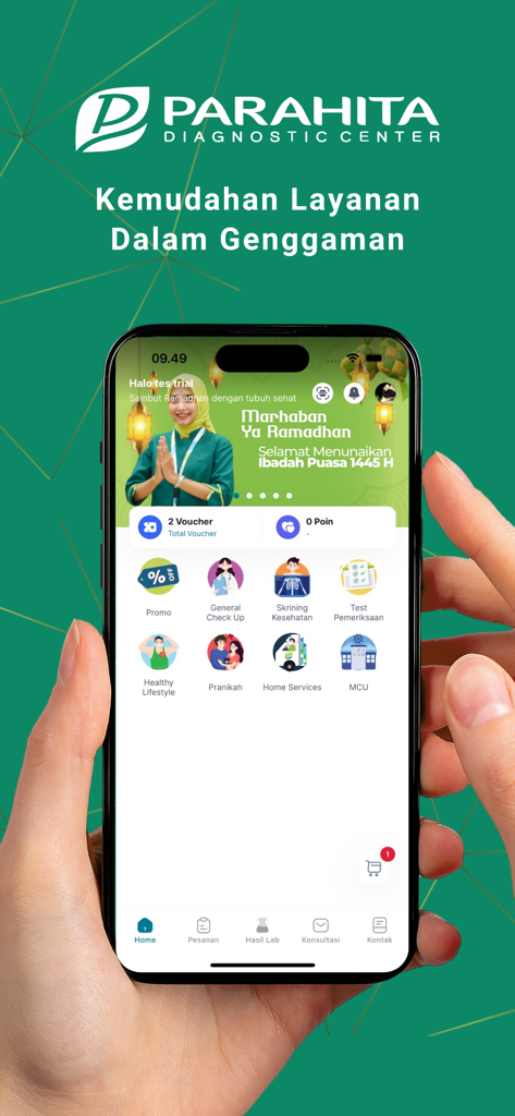 Hai Parahita - Smartphone displaying the home screen of the Hai Parahita medical app with icons for various healthcare services
