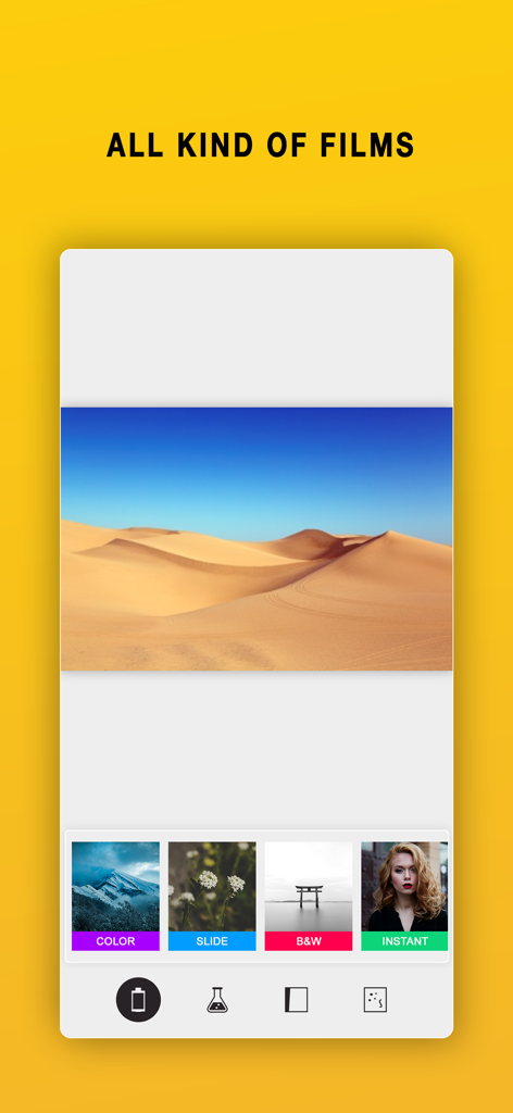 I Love Film app screen displaying different film categories like color slide black and white and instant