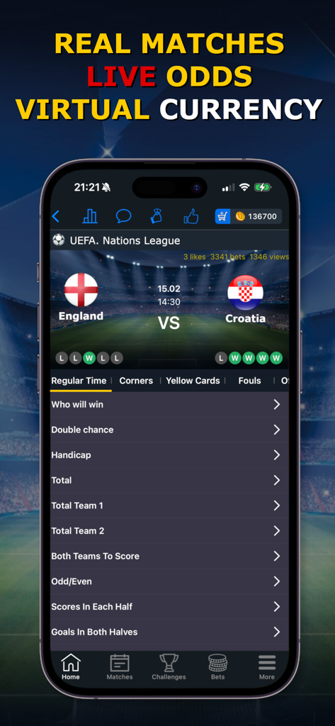 Bet Up - Sports Betting Game - Um smartphone exibindo o jogo de apostas esportivas Bet Up com odds ao vivo para uma partida de futebol entre Inglaterra e Croácia