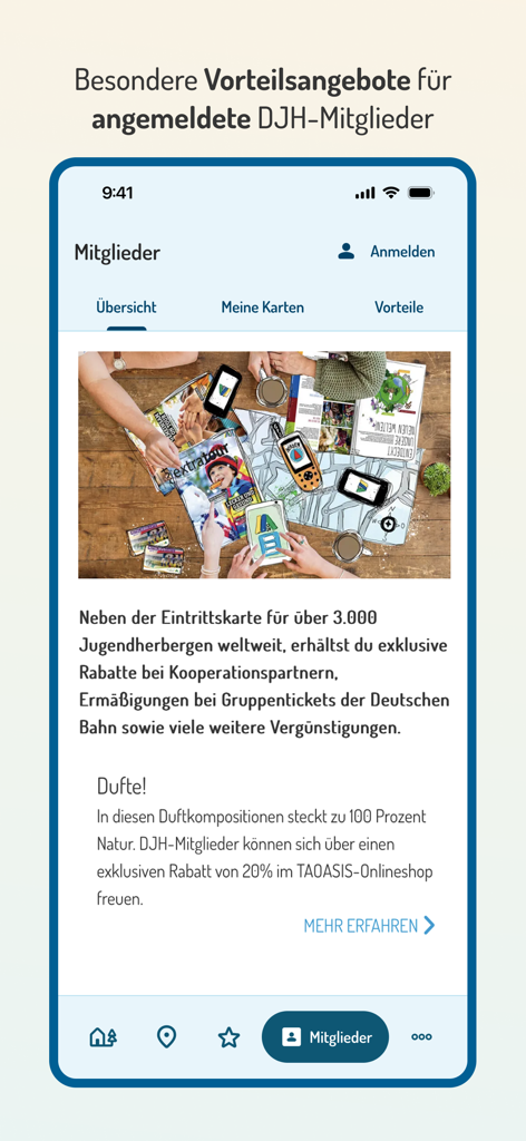 DJH Youth Hostels in Germany - Mobile app screen showing DJH membership benefits and travel discounts