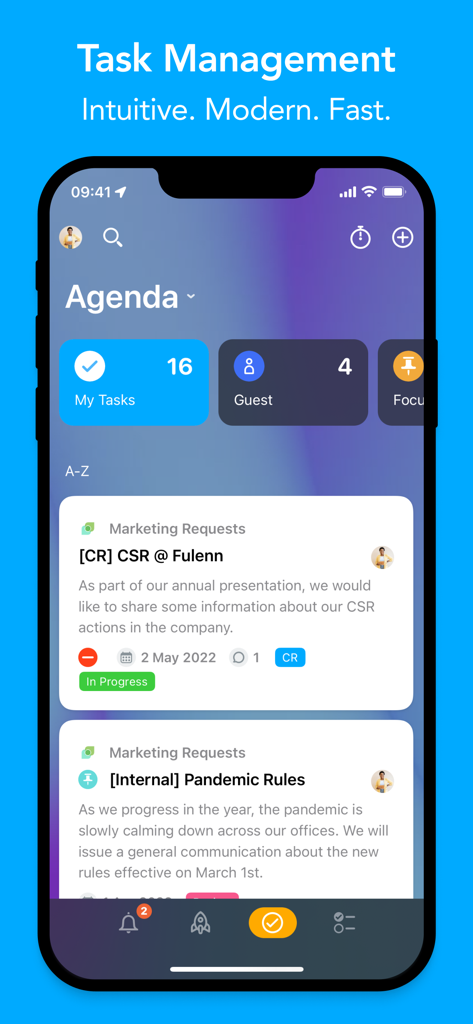 MeisterTask - Task Management - Vista de Agenda de MeisterTask que muestra listas de tareas y actualizaciones del estado del proyecto en el móvil