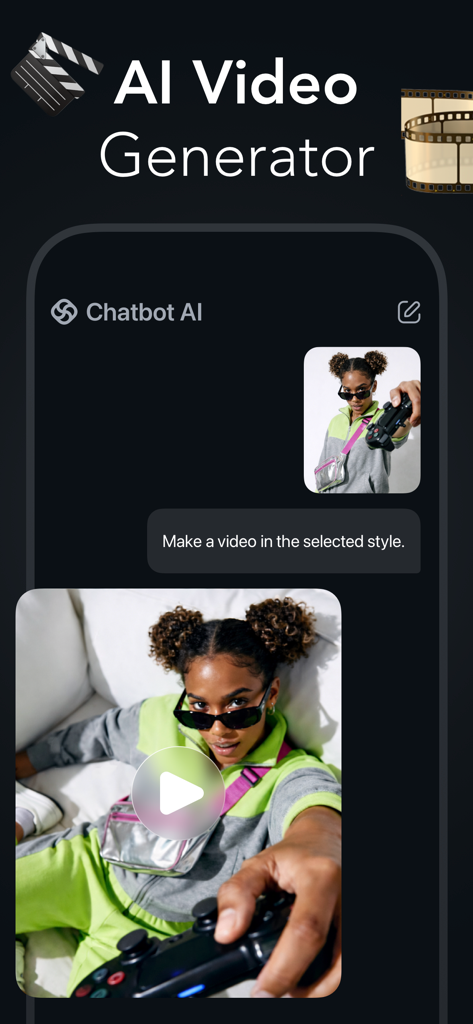 Interfaz de la aplicación Chatbot AI mostrando la función de generador de video IA convirtiendo una imagen en un clip de video