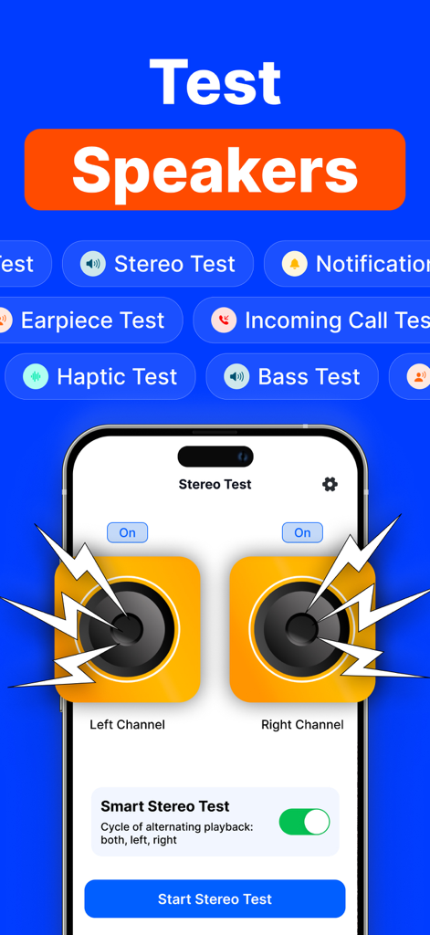 Clear Wave・Water Eject - Interface of the Clear Wave app showing the stereo speaker test feature with left and right channel diagnostics and audio performance options