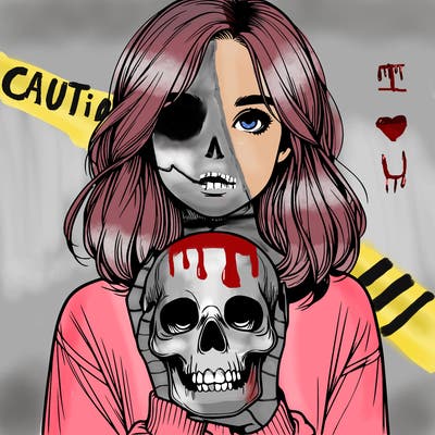 realistic girl holding a skull