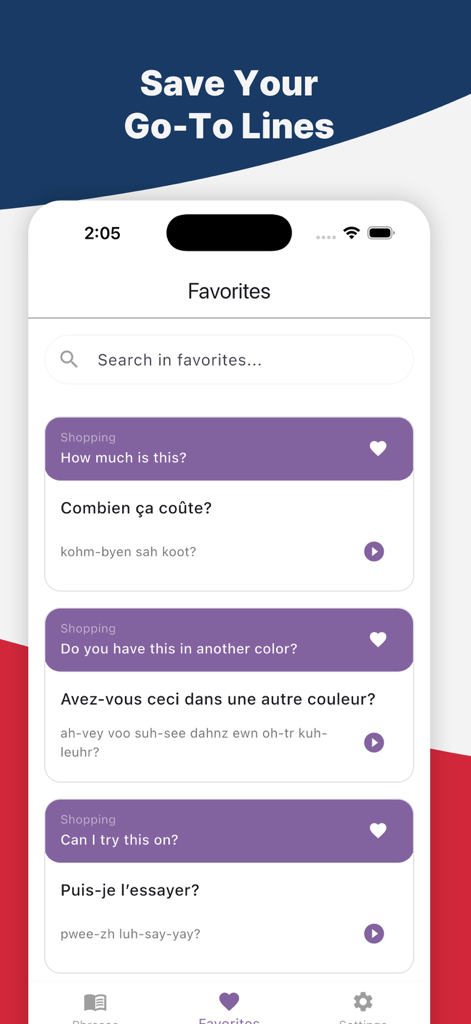French Phrasebook Travel - Screenshot of the favorites section in the French Phrasebook Travel app showing saved shopping phrases with audio and phonetics