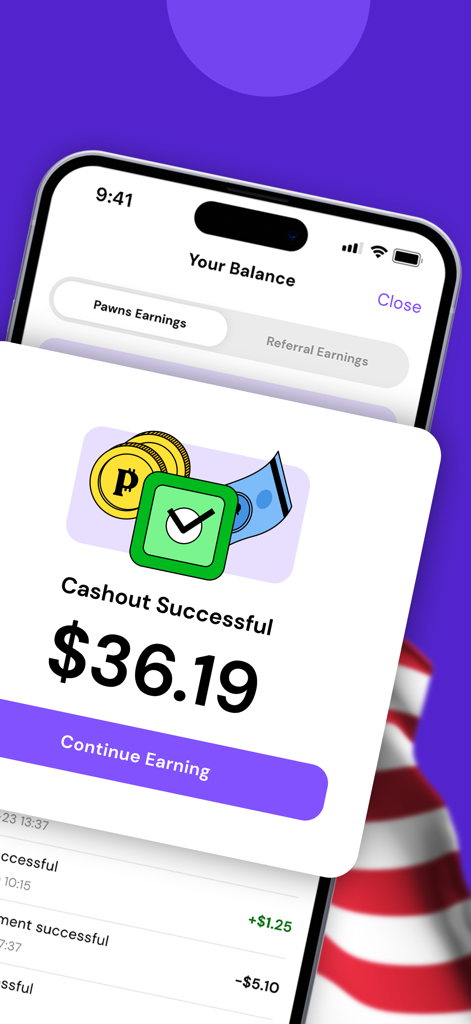 Screenshot of Pawns.app showing a successful cashout notification of thirty six dollars and nineteen cents with a continue earning button.