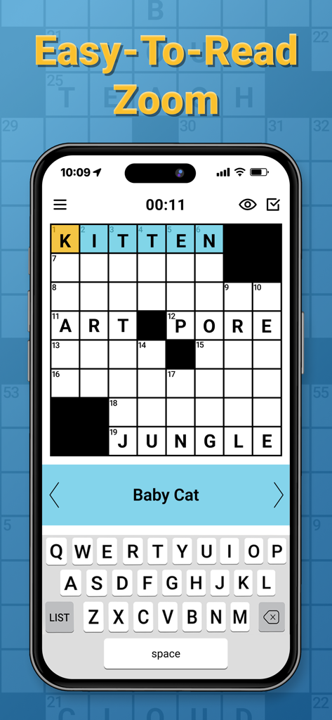 Screenshot of Daily Themed Crossword Puzzles app displaying the easy to read zoom feature for a puzzle grid.