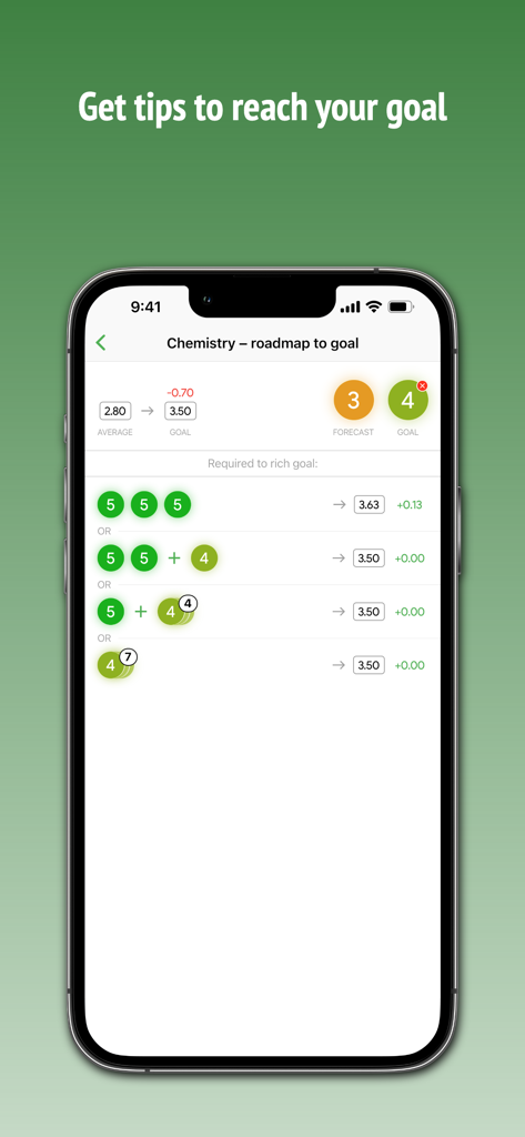 Want mark! - Interfaz de una app móvil que muestra un plan de calificaciones con combinaciones de notas necesarias para alcanzar una meta académica específica