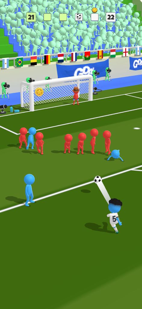 Super Goal: Fun Soccer Game - Una captura de pantalla del juego Super Goal que muestra a un jugador de palo azul pateando un balón de fútbol más allá de una pared de defensores rojos hacia una portería.
