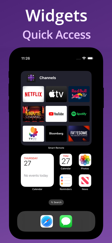 iPhone-Bildschirm zeigt das Widget der Roku-Fernbedienungs-App mit schnellem Zugriff auf Streaming-Kanäle wie Netflix und YouTube an