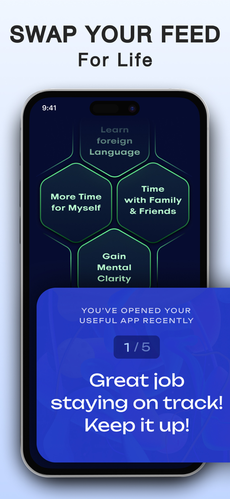 Opal PRO app screen showing personal growth goals like mental clarity and family time with a motivational message for staying on track.