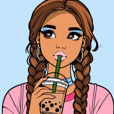realistic girl with braided hair drinking boba