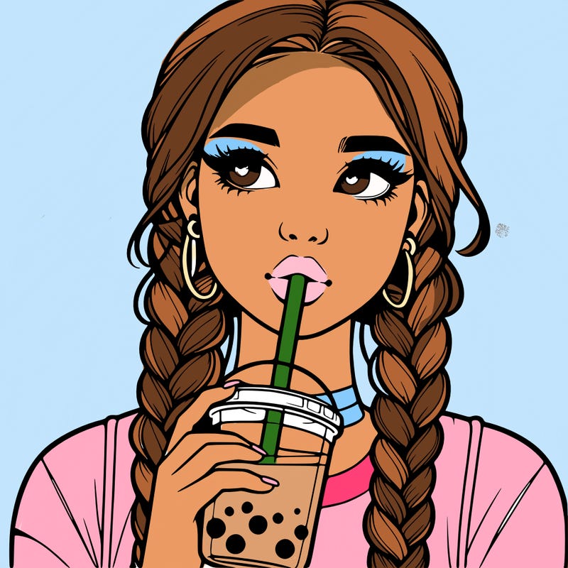 realistic girl with braided hair drinking boba