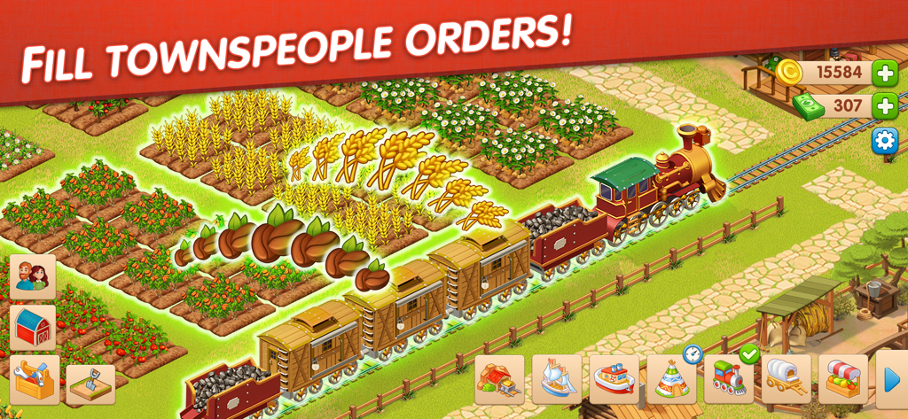 Homesteads: Dream Farm & Town - Ein Dampfzug lädt Feldfrüchte von einem Bauernhof, um die Bestellungen von Stadtbewohnern im Spiel Homesteads zu erfüllen.