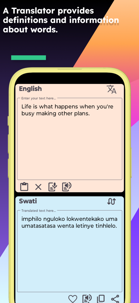 English Swati Translator - A mobile app interface displaying a quote translated from English to Swati.