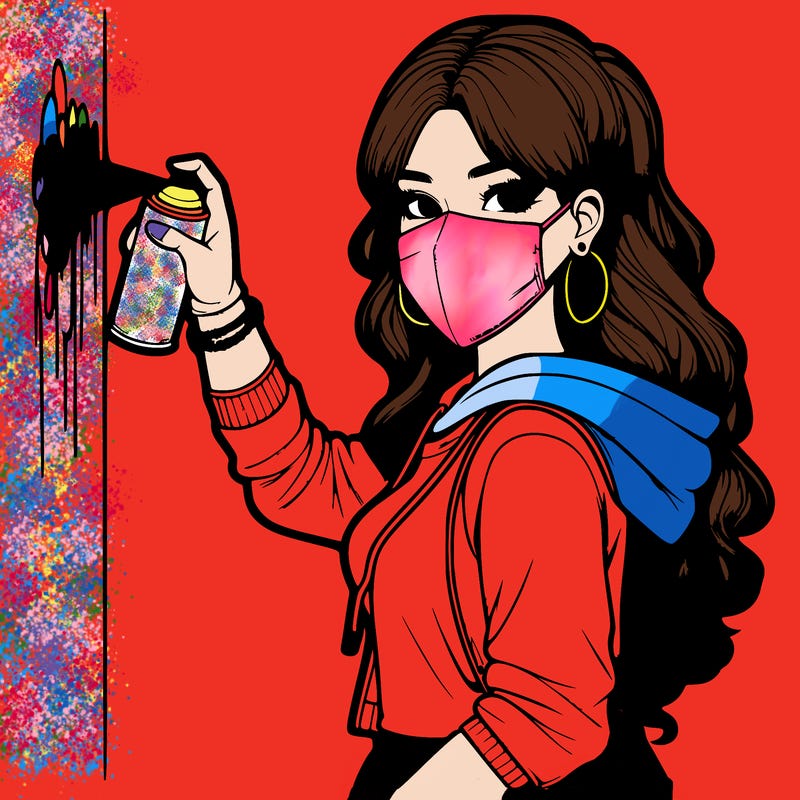 realistic girl with mask spray painting a wall